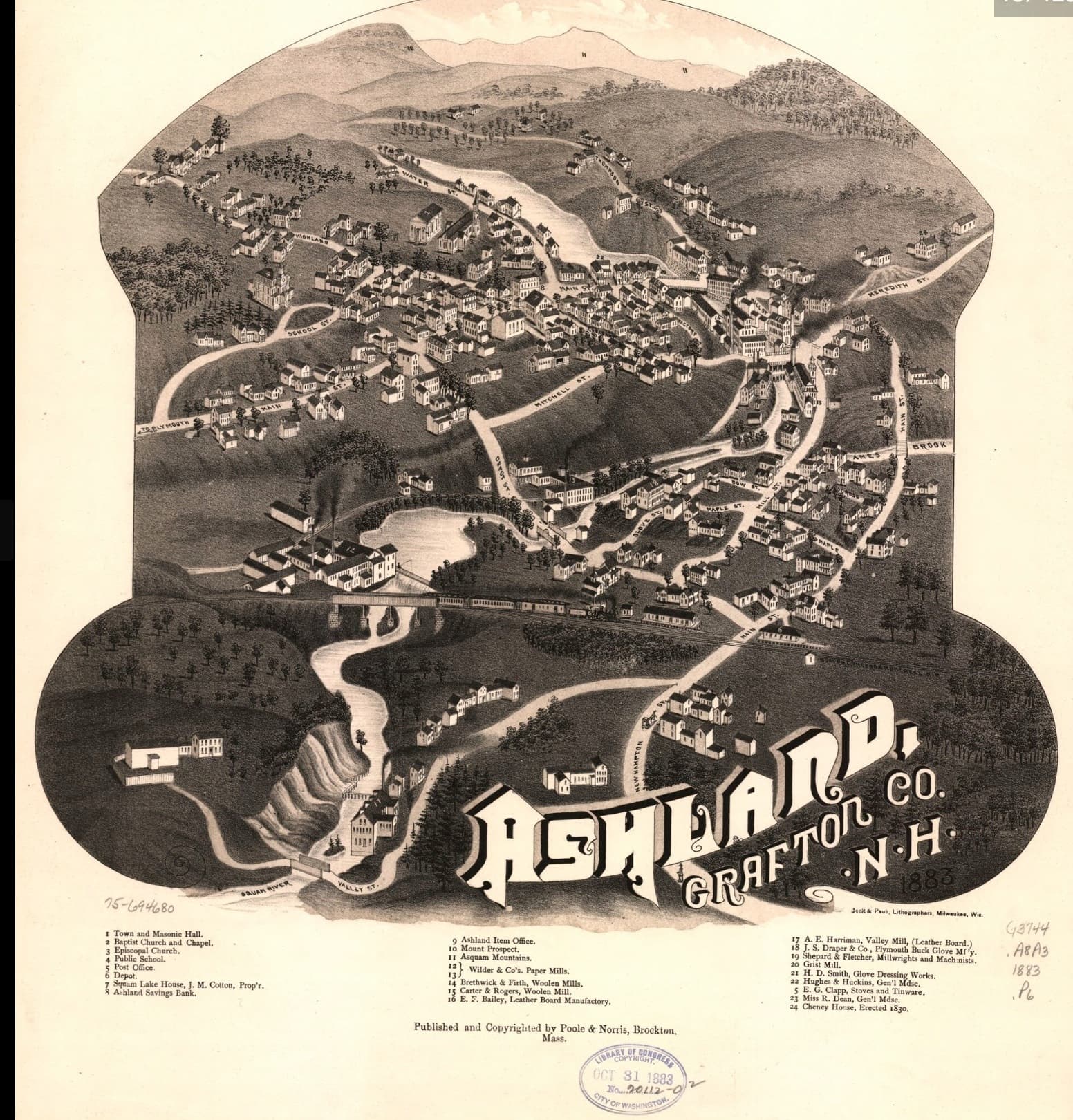 An 1880s bird's-eye lithograph of Ashland, New Hampshire: the village along a river bend in a fan-shaped panorama, a circular inset of a waterfall mill scene, and an ornate title cartouche reading Ashland, Grafton Co., N.H.