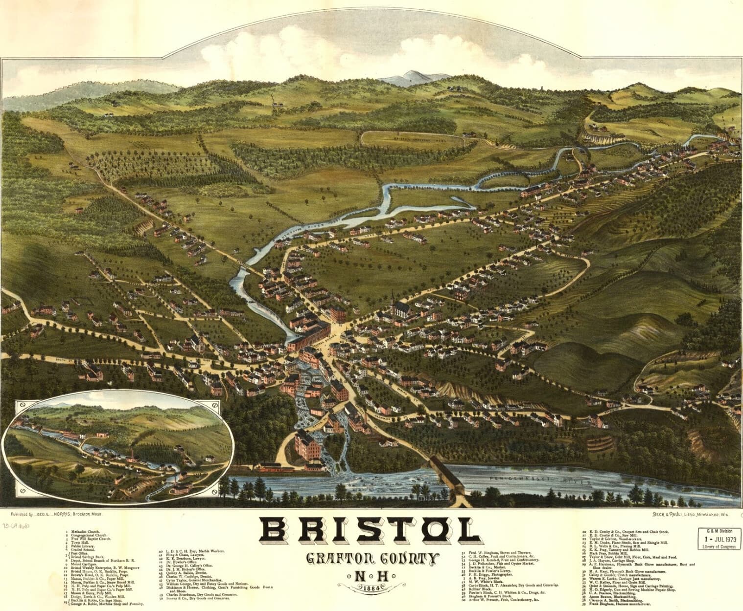 A late-19th-century chromolithograph of Bristol, New Hampshire, in color: the village in a valley with the river bending through the center, surrounding hills laid out in cleared fields, and a small oval inset showing an earlier landscape view.