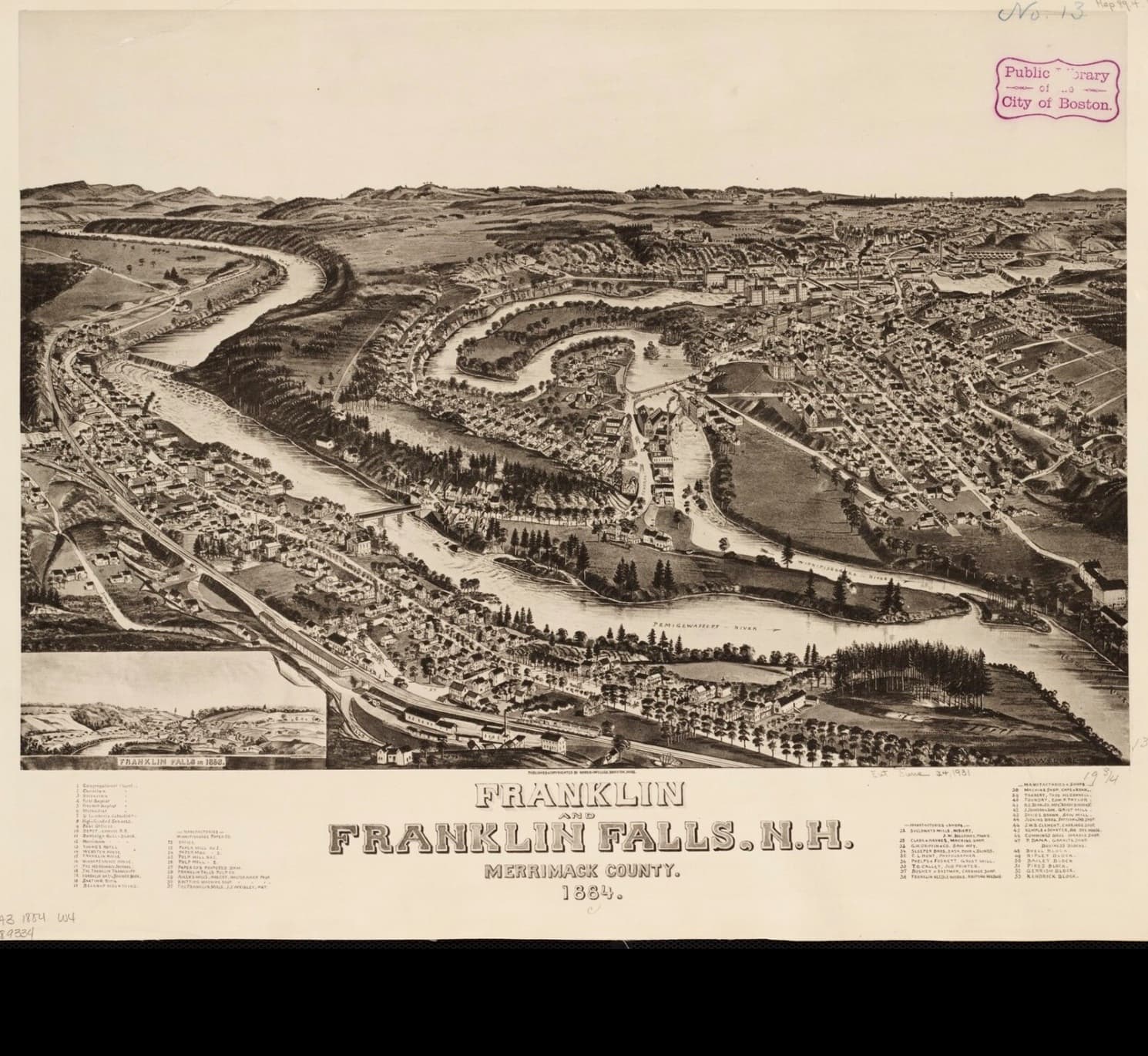 An 1884 bird's-eye lithograph of Franklin and Franklin Falls, New Hampshire, drawn from a viewpoint above the Winnipesaukee and Pemigewasset rivers, with a small oval inset of an earlier village view and an ornate title cartouche listing every church, mill, and shop in town.