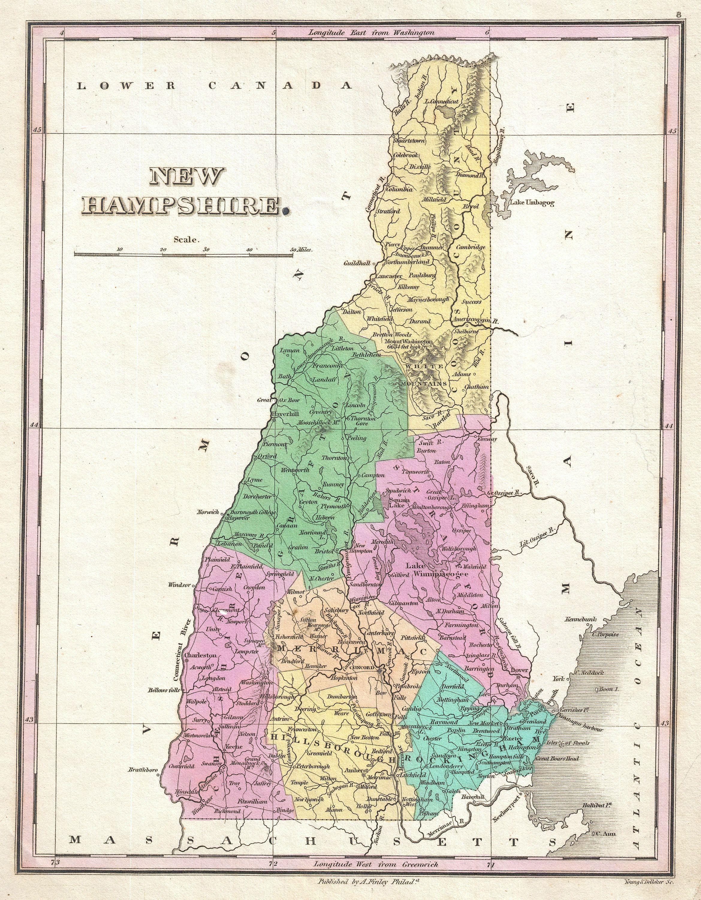 An 1827 hand-tinted county map of New Hampshire by Anthony Finley, with each county shaded in a different pastel color, the Lakes Region centered, and the state's roads and rivers drawn in fine detail.