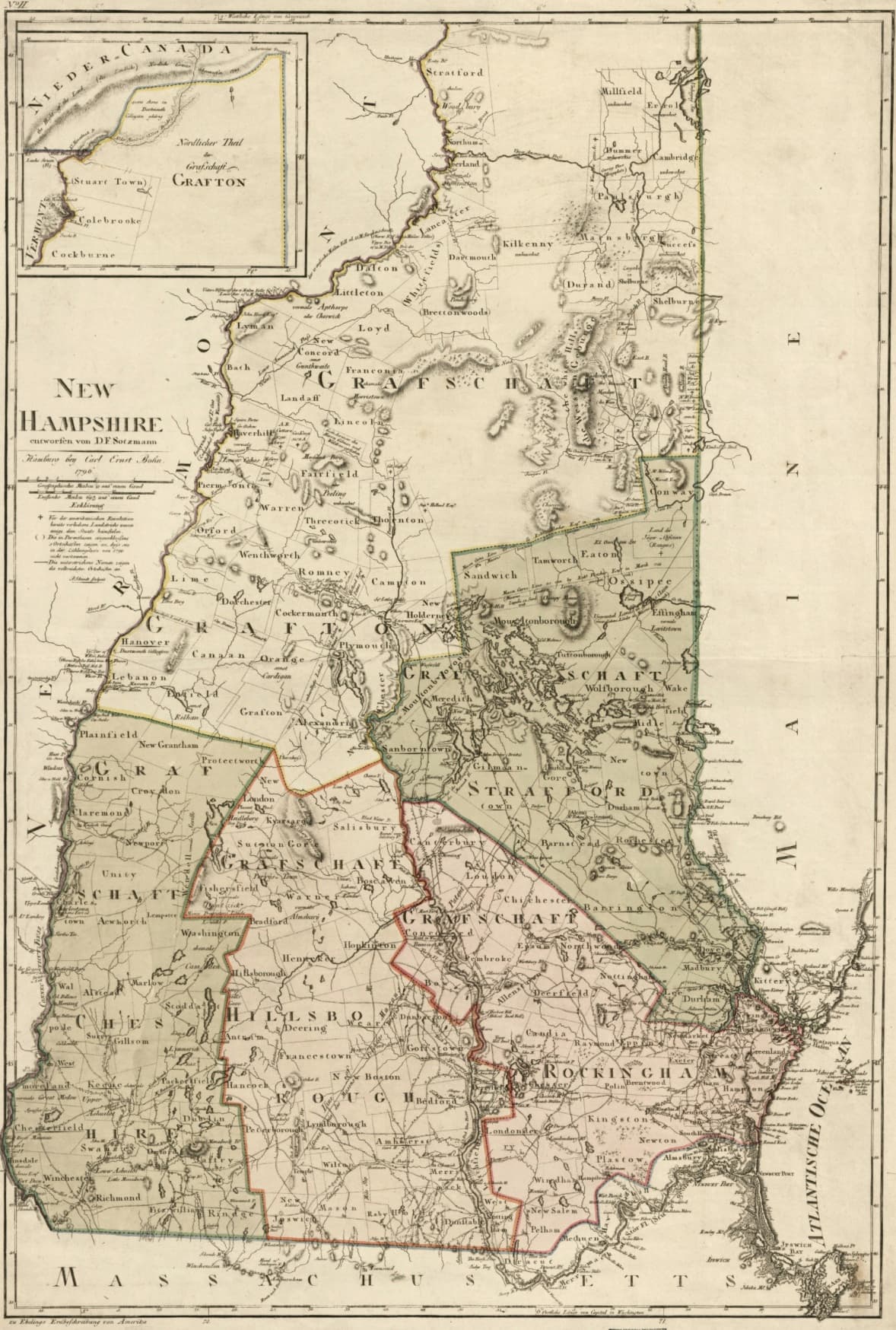 An antique 1796 state map of New Hampshire by the German cartographers Sotzmann and Ebeling, with counties labeled in German as Grafschaften, a Lower Canada inset, and the early roads and lakes of the Lakes Region.