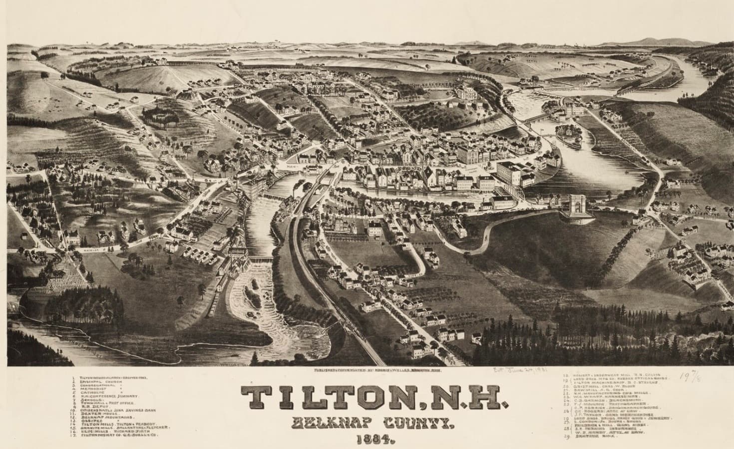 An 1884 bird's-eye lithograph of Tilton, New Hampshire, with the Winnipesaukee River winding through the village, mill buildings along the river, and the surrounding fields cleared to the horizon.