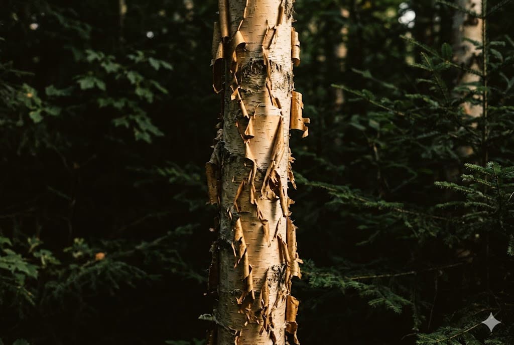 A yellow birch in second-growth New Hampshire woods, its golden papery bark peeling away in long curls against a backdrop of evergreens.