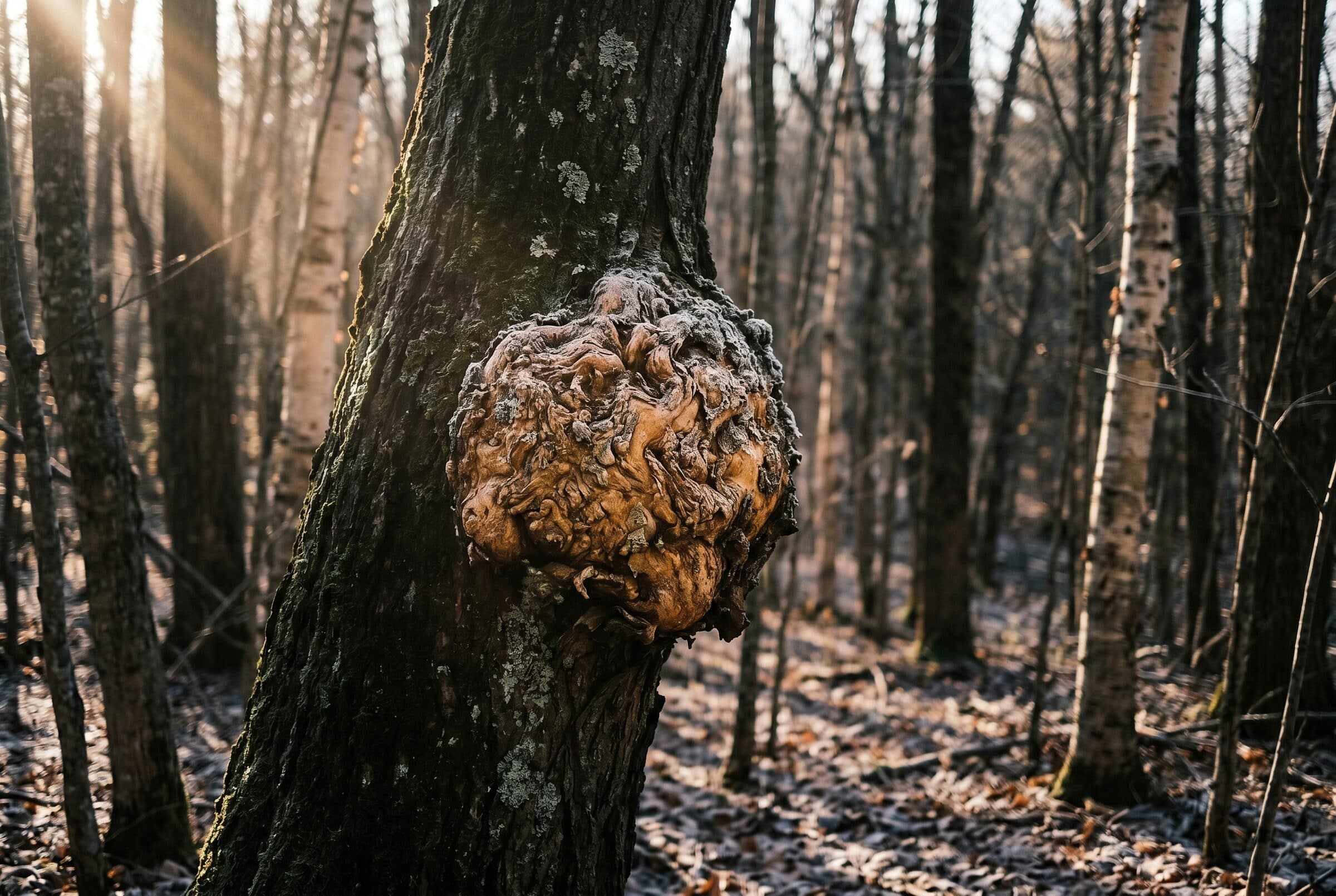 A bulging burl on the trunk of a forest tree, the kind that turns into a hollow form.