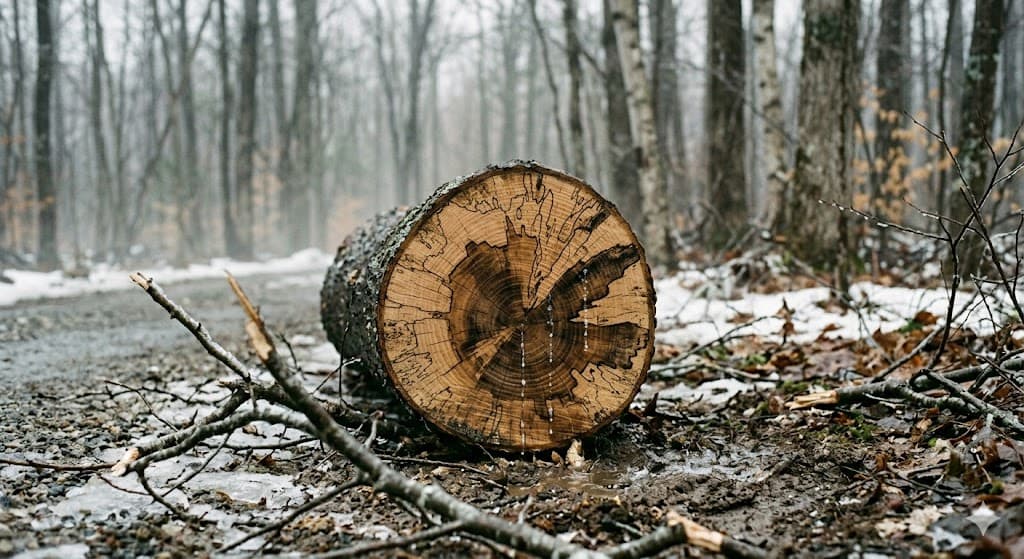 A freshly chainsawed cross-section of a log resting on damp ground at the edge of a road after a late-winter storm.