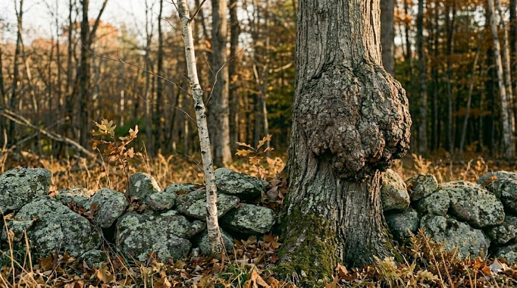 A black cherry tree at the edge of an old New Hampshire stone wall, a knotted burl bulging from the side of the trunk at chest height.