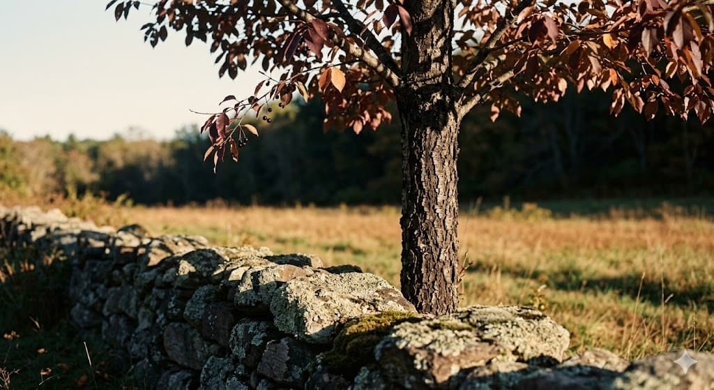 A black cherry tree growing along a fieldstone wall in golden autumn light, the kind of edge habitat where cherry burls turn up in New Hampshire.