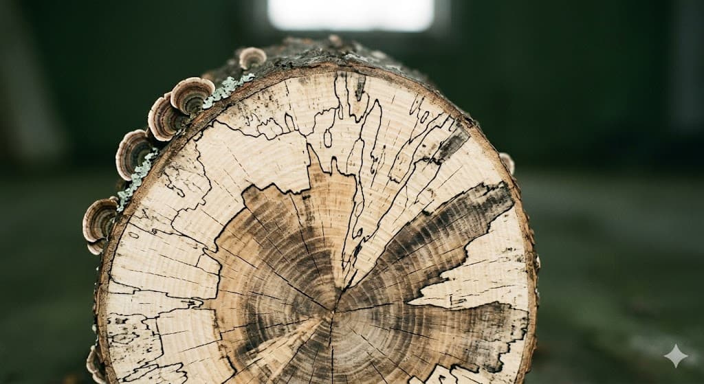 End grain of a freshly cut spalted log on a barn floor, dark zone lines drawn through the cream wood and turkey-tail mushrooms still attached to the bark.