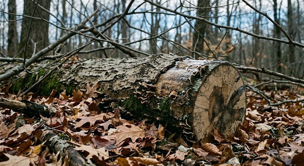 A half-buried beech log on the floor of a New Hampshire hardwood forest in late October, partly covered in fallen oak and beech leaves with bracket fungi running along the bark.