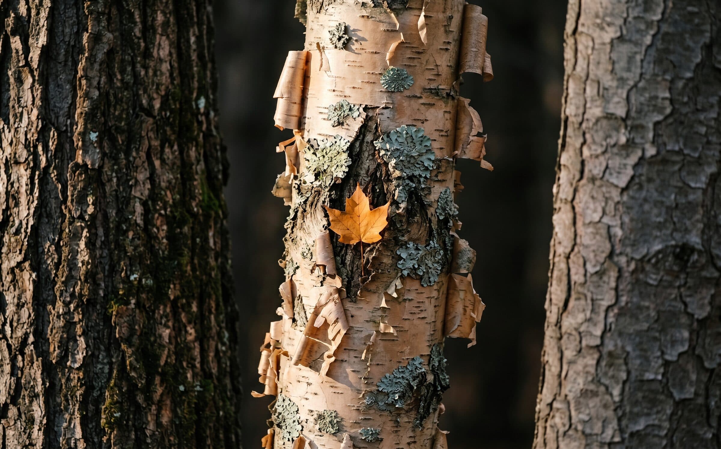 A yellow birch trunk in close-up, golden curling bark patched with sage lichen and a single amber maple leaf caught between two bark curls.