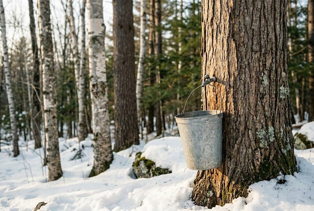 A galvanized sap bucket on a sugar maple in early spring.