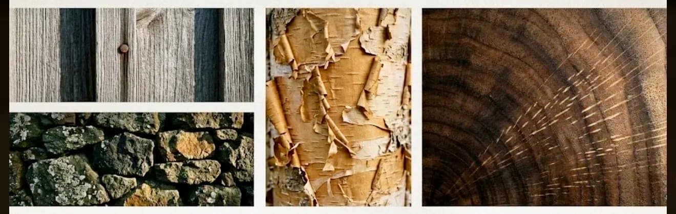 A study of three textures from the second forest: weathered barn boards, lichen on stone, peeling birch bark, and end-grain rings.