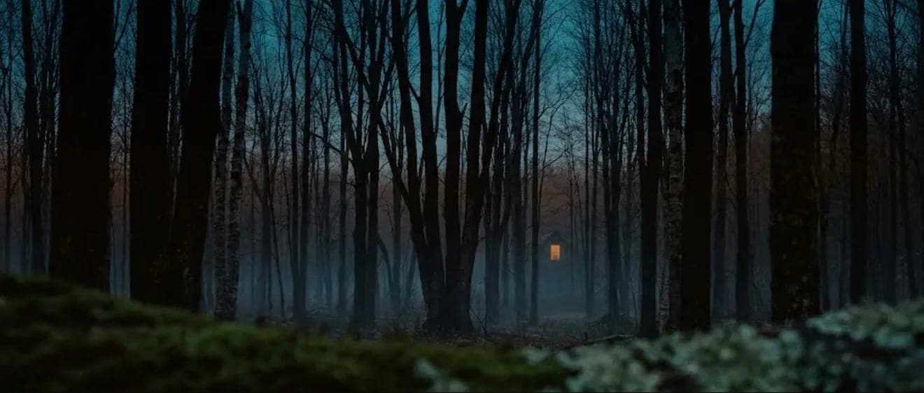 A New Hampshire forest at dusk, mist along the floor and a single lit window deep in the trees.