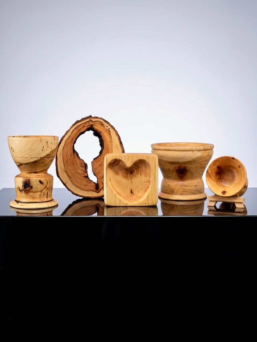 A studio tableau of five turned pieces lined up on a black reflective surface against a soft grey backdrop — a pedestal cup, a natural-opening cross-section, a heart-figure square dish, a second pedestal vessel, and a small footed bowl.