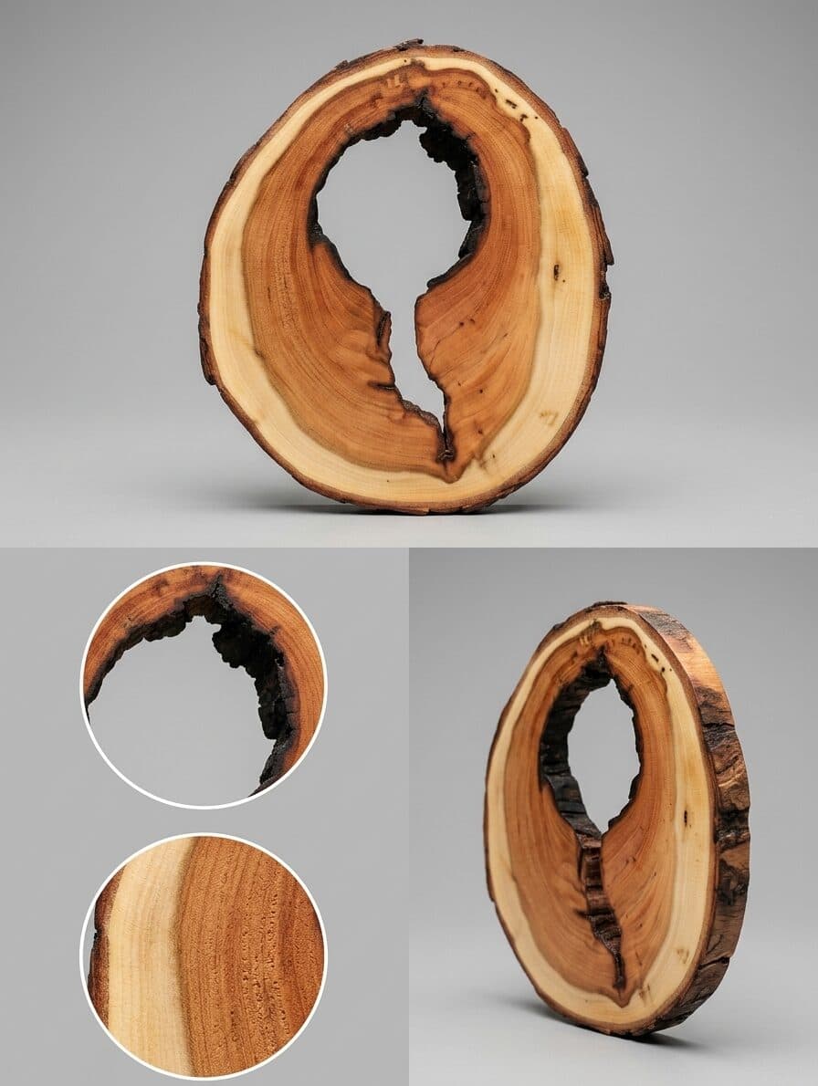 A cross-section of a tree, kept whole. The bark stayed; the heart became a window.