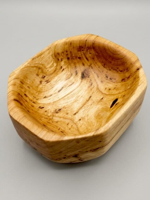 A faceted shallow bowl from spalted stock, the fungal ink lines running clean across the facets.