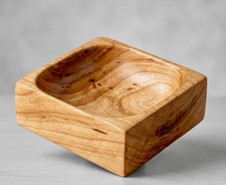 A square bowl in cherry, the corners of the block left and the inside lifted out by hand at the lathe.