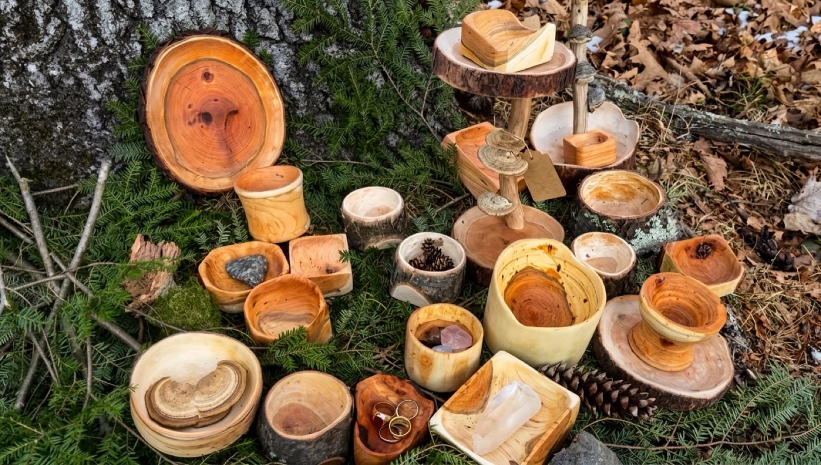 A wide group of bowls, cups, lidded forms, and a tiered display from the workshop, arranged on hemlock boughs and pine needles at the base of a tree trunk.