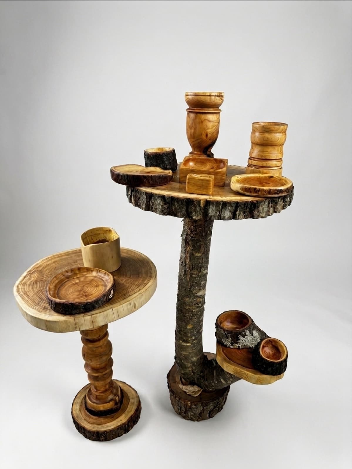 A staged tableau of bark-edge pedestal rounds holding turned vessels, faceted cups, and small bowls.